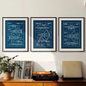 Set di 3, F-22 Raptor, F-35B Lightning II, F-15E Strike Eagle, poster di progetto, aereo, stampa aeronautica, regalo militare, DOWNLOAD IMMEDIATO