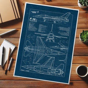 F-16 Fighting Falcon, Blueprint Poster, Aviazione, Arte stampabile, US Air Force, Regalo militare, Aereo da caccia americano, DOWNLOAD IMMEDIATO