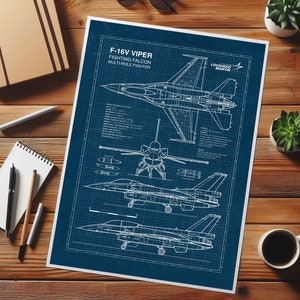 F-16V Viper, Blueprint, Poster di jet da combattimento F-16, Aviazione, Stampa di aeroplano, Regalo militare, Decorazione aeronautica, Poster di aeromobili, DOWNLOAD IMMEDIATO