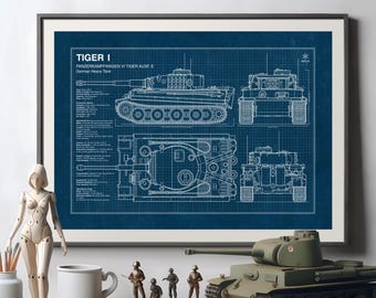Tiger-1 Tank Blueprint Poster, WWII German Tank Wall Art (Digital Download)