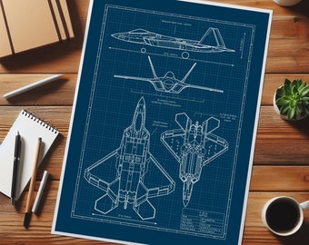 F-22 Raptor Fighter, Blueprint Poster,  Aircraft Blueprint, Aviation Gift, Printable Art, Aircraft Print, Military Gift, Airplane Print