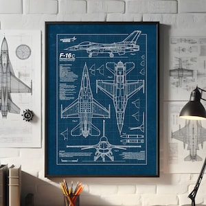 F-16 Fighting Falcon, póster de avión, decoración de aviación, póster de planos, regalo de aviación, regalo militar, póster de avión de combate, descarga instantánea