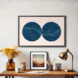 Póster de mapa celeste, plano, mapas estelares, hemisferio norte y sur, póster con temática espacial, regalo astronómico, decoración astronómica