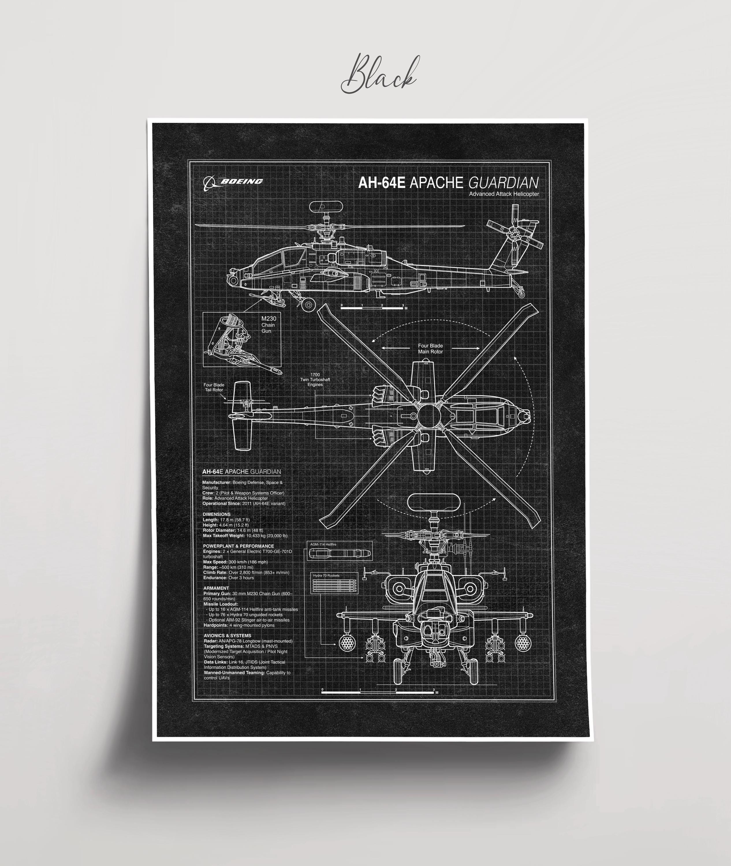 AH-64E アパッチ・ガーディアン設計図ポスター、ミリタリー航空