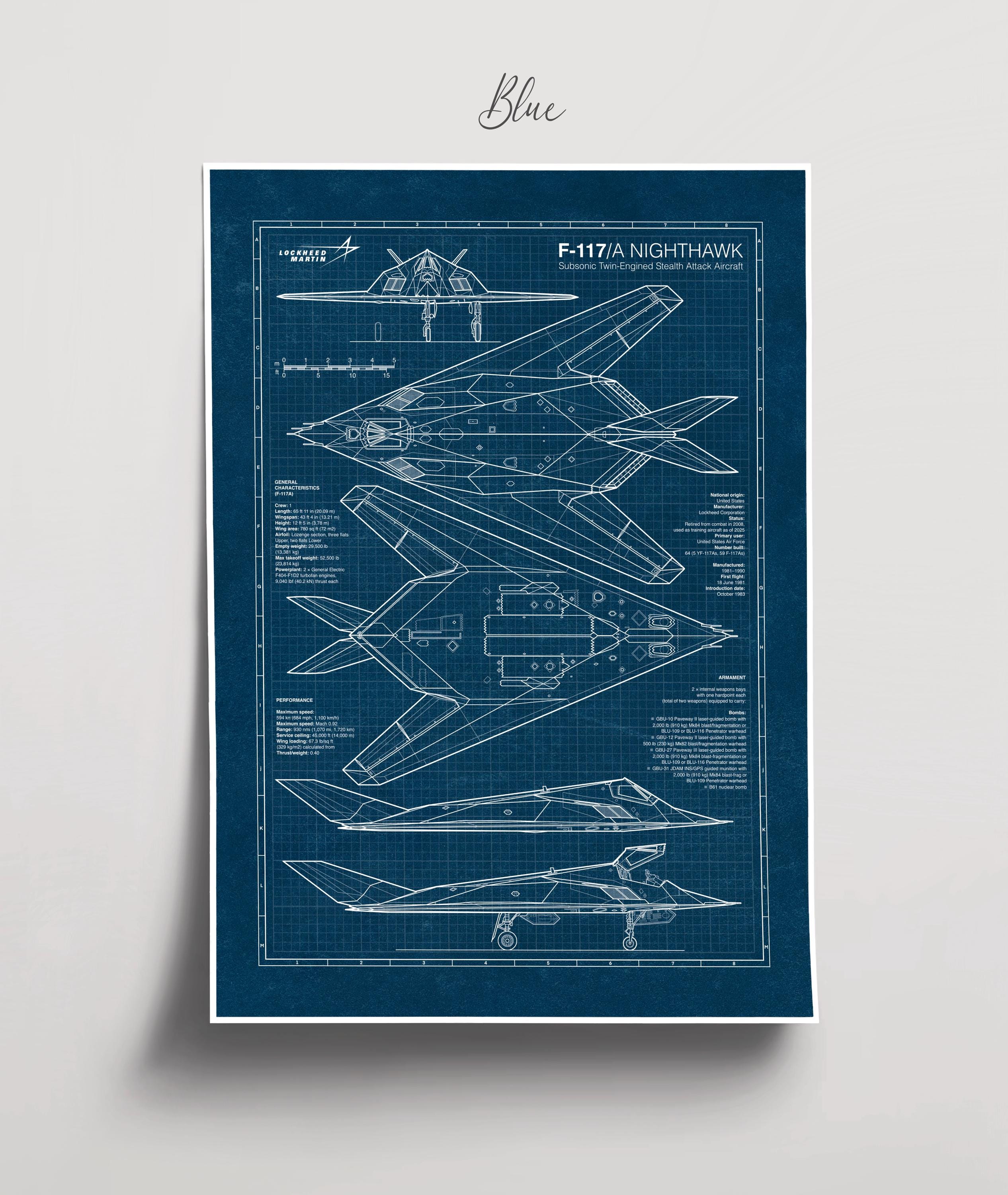 F-117 ナイトホークの設計図ポスター：ステルスジェット航空ウォール