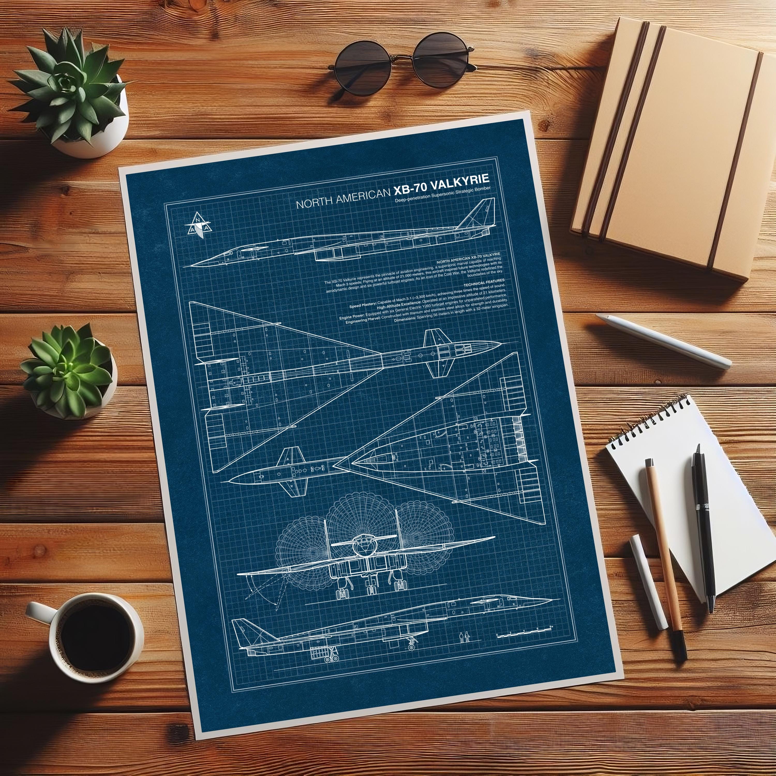 XB-70 Valkyrie Blueprint Poster, Aviation Gift, Military Wall Art
