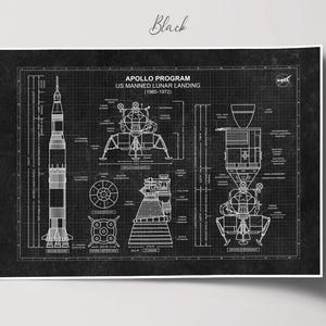 K&ouml;nnte beinhalten: Schwarz-Wei&szlig;-Blaupause des Apollo Program US Manned Lunar Landing (1960-1972). Der Druck zeigt detaillierte Schemata der Saturn V-Rakete, der Mondlandef&auml;hre und anderer Komponenten, mit dem Wort "Black" in Schreibschrift oben.