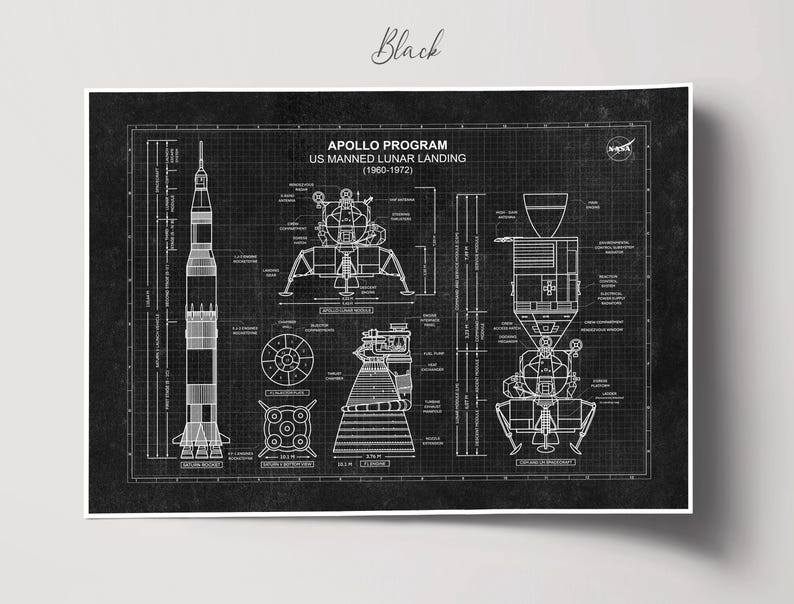 K&ouml;nnte beinhalten: Schwarz-Wei&szlig;-Blaupause des Apollo Program US Manned Lunar Landing (1960-1972). Der Druck zeigt detaillierte Schemata der Saturn V-Rakete, der Mondlandef&auml;hre und anderer Komponenten, mit dem Wort "Black" in Schreibschrift oben.