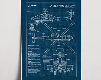 AH-64E アパッチ・ガーディアンの設計図ポスター、軍用航空機ウォール