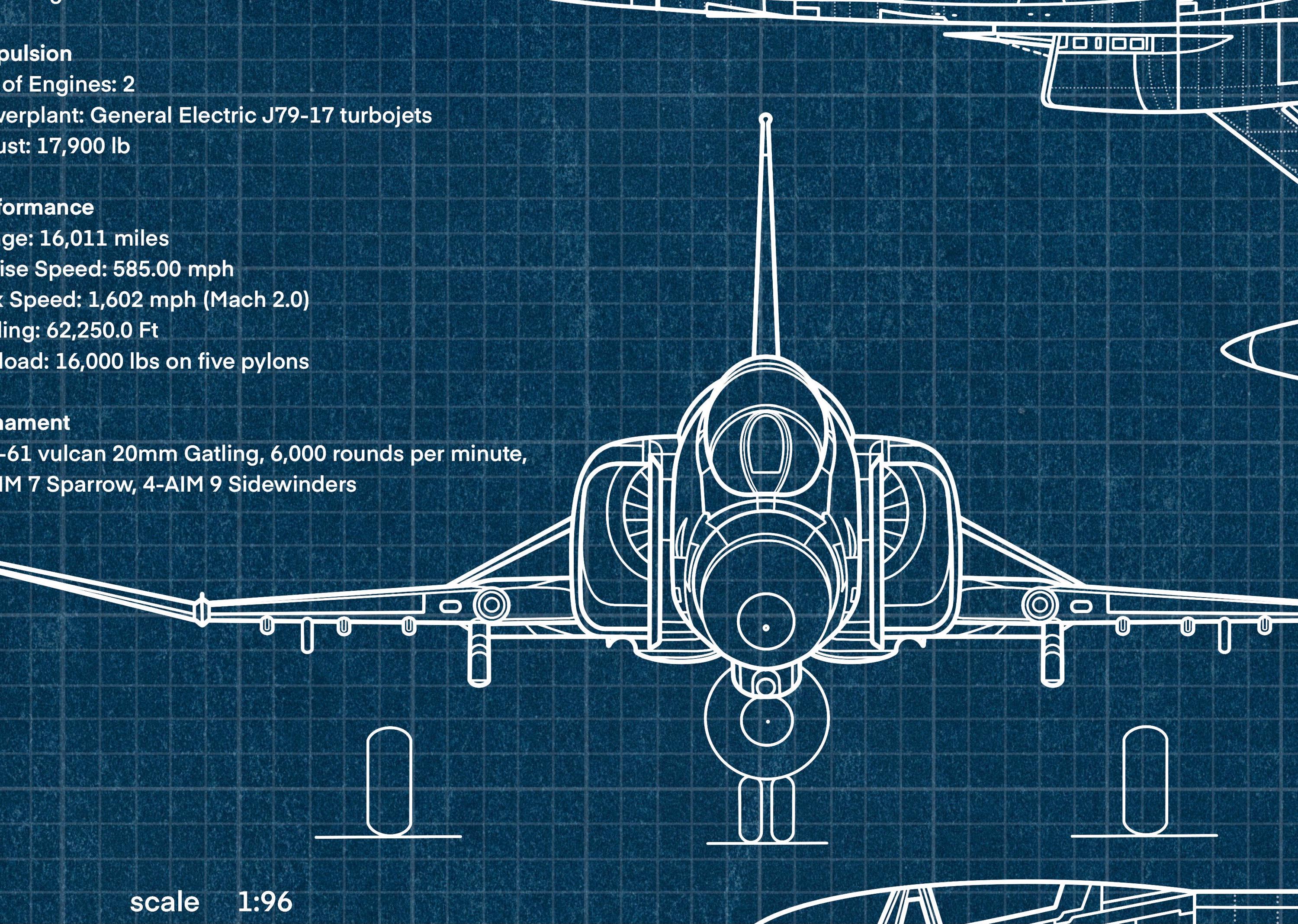 F-4EファントムII設計図ポスター、航空機ウォールアート、軍用航空
