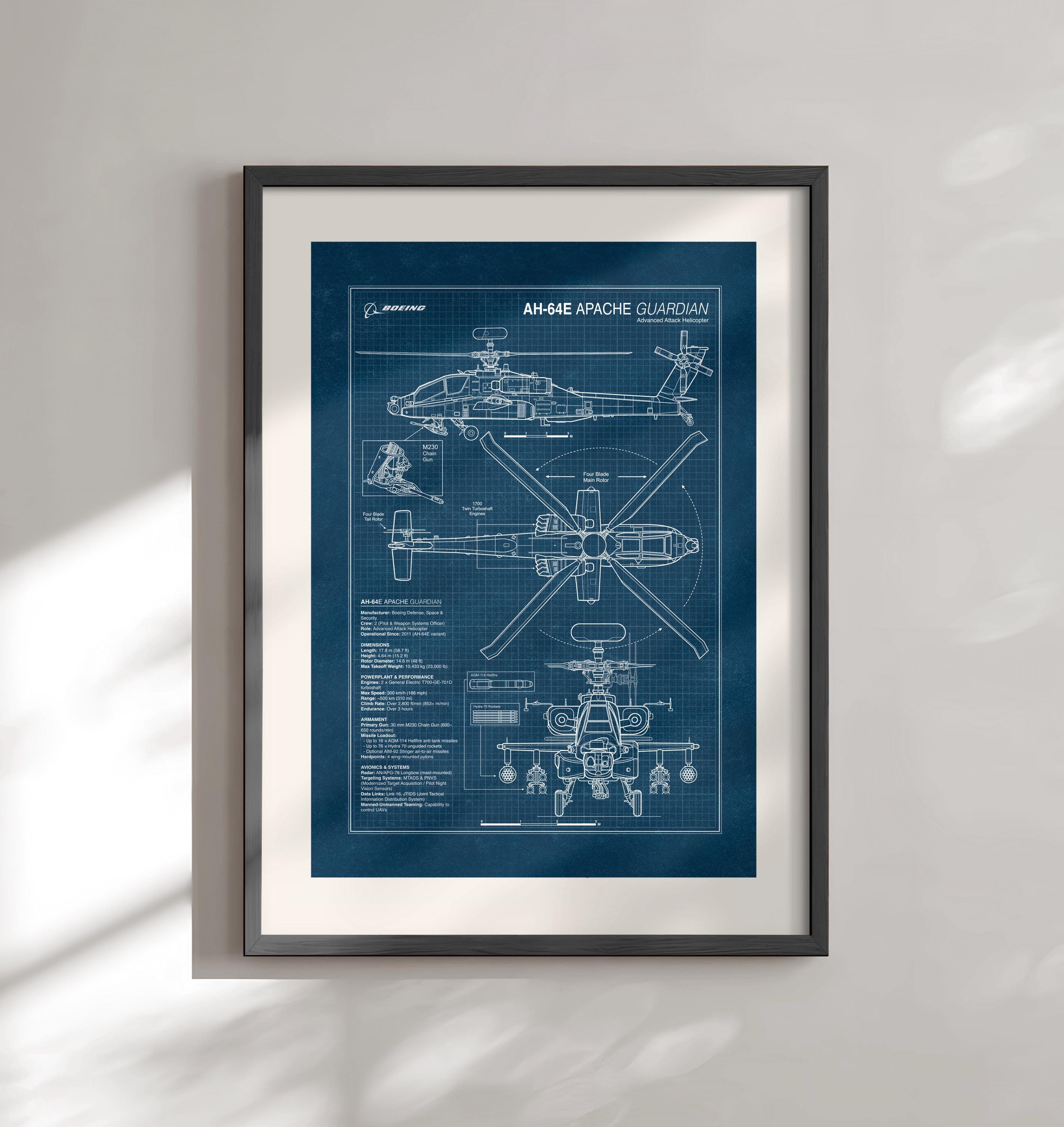 AH-64E Apache Guardian Blueprint Poster, Military Aviation Wall
