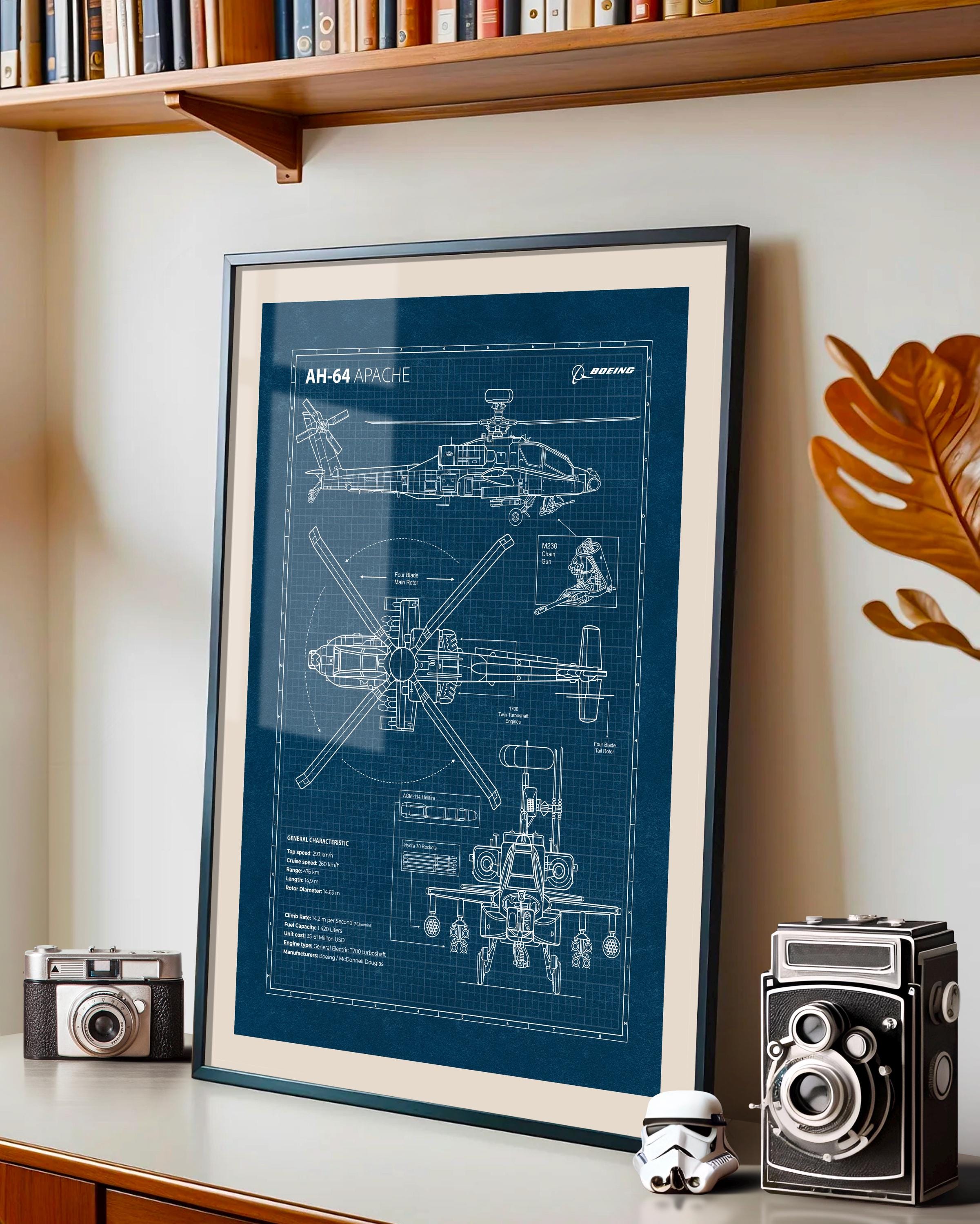 AH-64 Apache Blueprint Poster: Military Aviation Art (digital