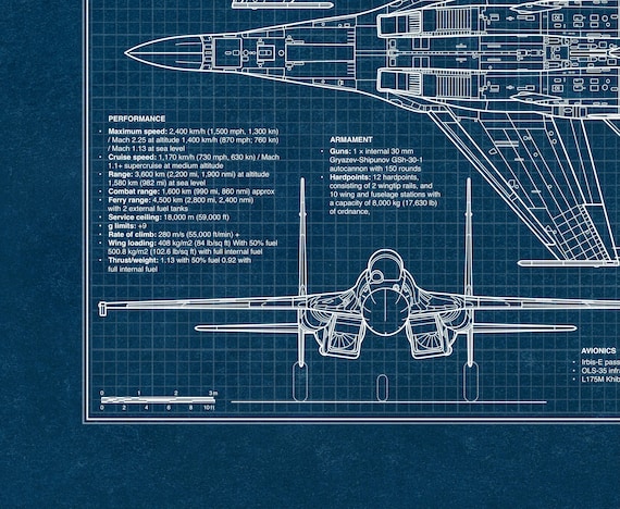 Sukhoi Su-35s Blueprint Poster, Russian Fighter Jet Wall Art
