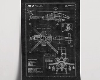 AH-64 Apache Attack Helicopter - Da Vinci or Blueprint Illustration - 8x10 or 16x20 Inches AH-64 Apache Attack Helicopter - Da Vinci or Blueprint Illustration - 8x10 or 16x20 Inches