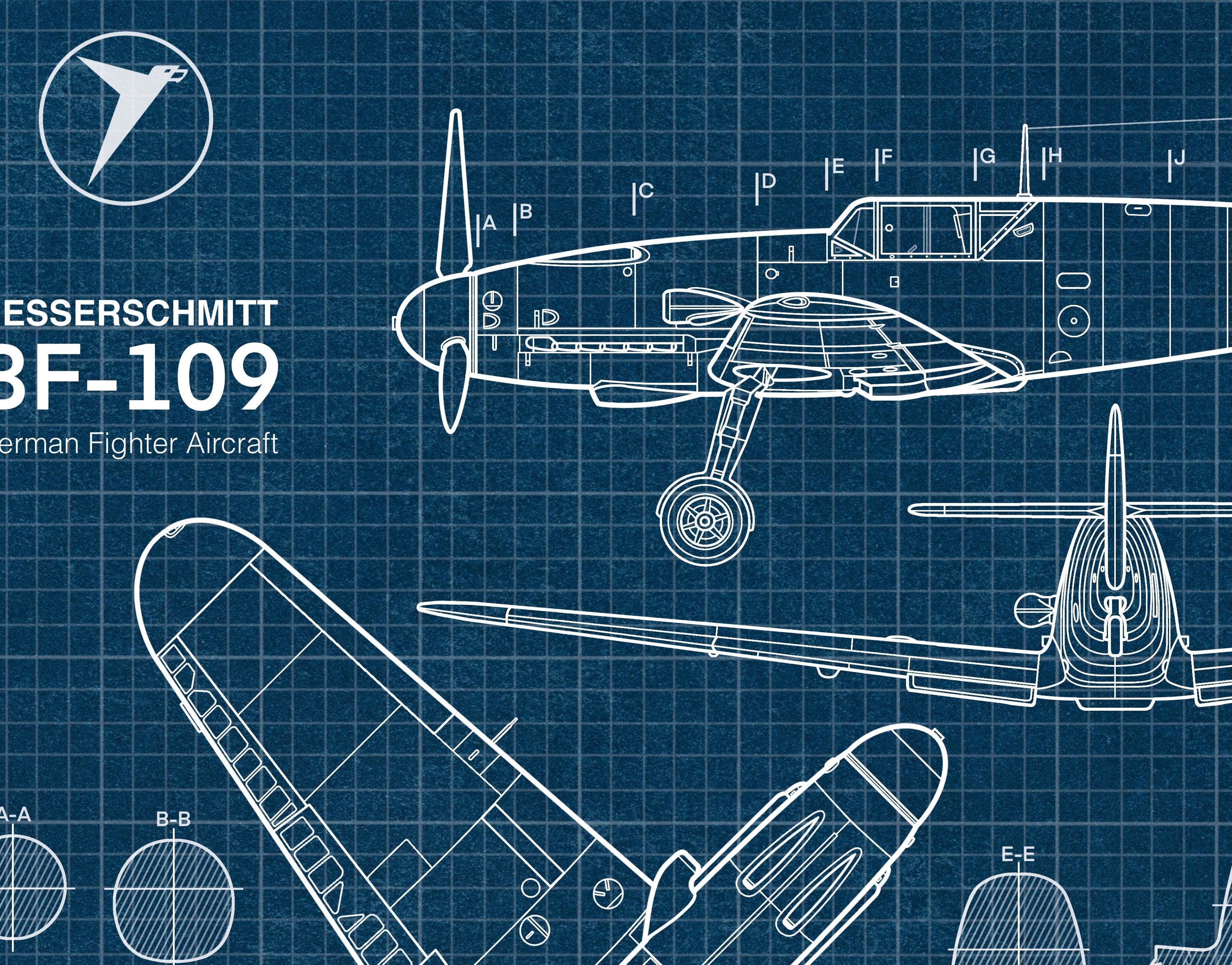 Messerschmitt BF-109 Blueprint Poster, WW2 German Aircraft