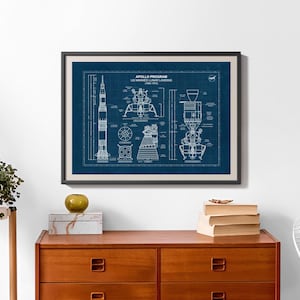 K&ouml;nnte beinhalten: Gerahmter Kunstdruck mit einem Bauplan des Apollo-Programms US Manned Lunar Landing (1960-1973). Der Druck zeigt technische Zeichnungen der Saturn V-Rakete und der Mondlandef&auml;hre auf dunkelblauem Hintergrund. Der Druck ist in einem schwarzen Rahmen.