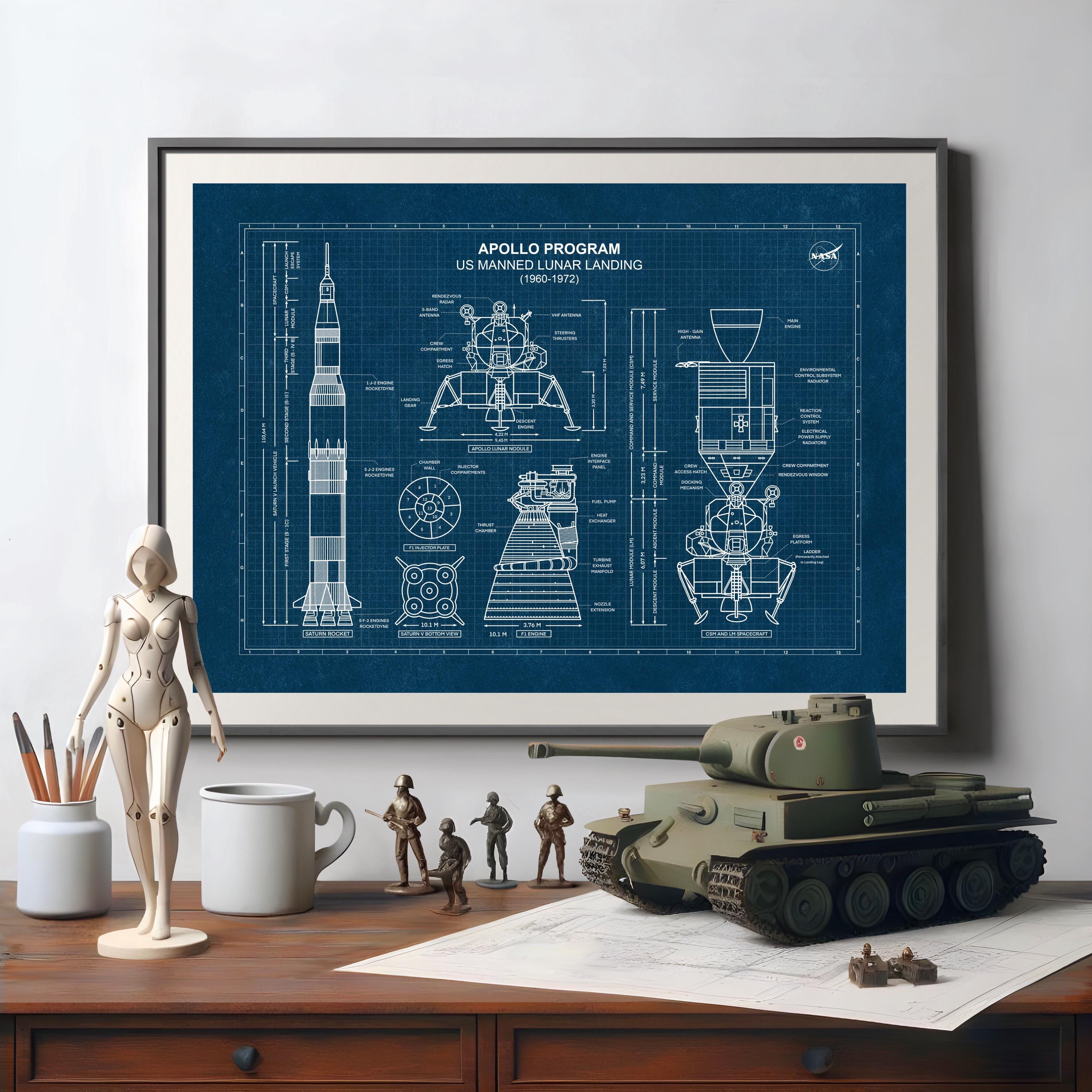 Apollo 11 Blueprint Poster: Saturn V Rocket, NASA Wall Art, Lunar