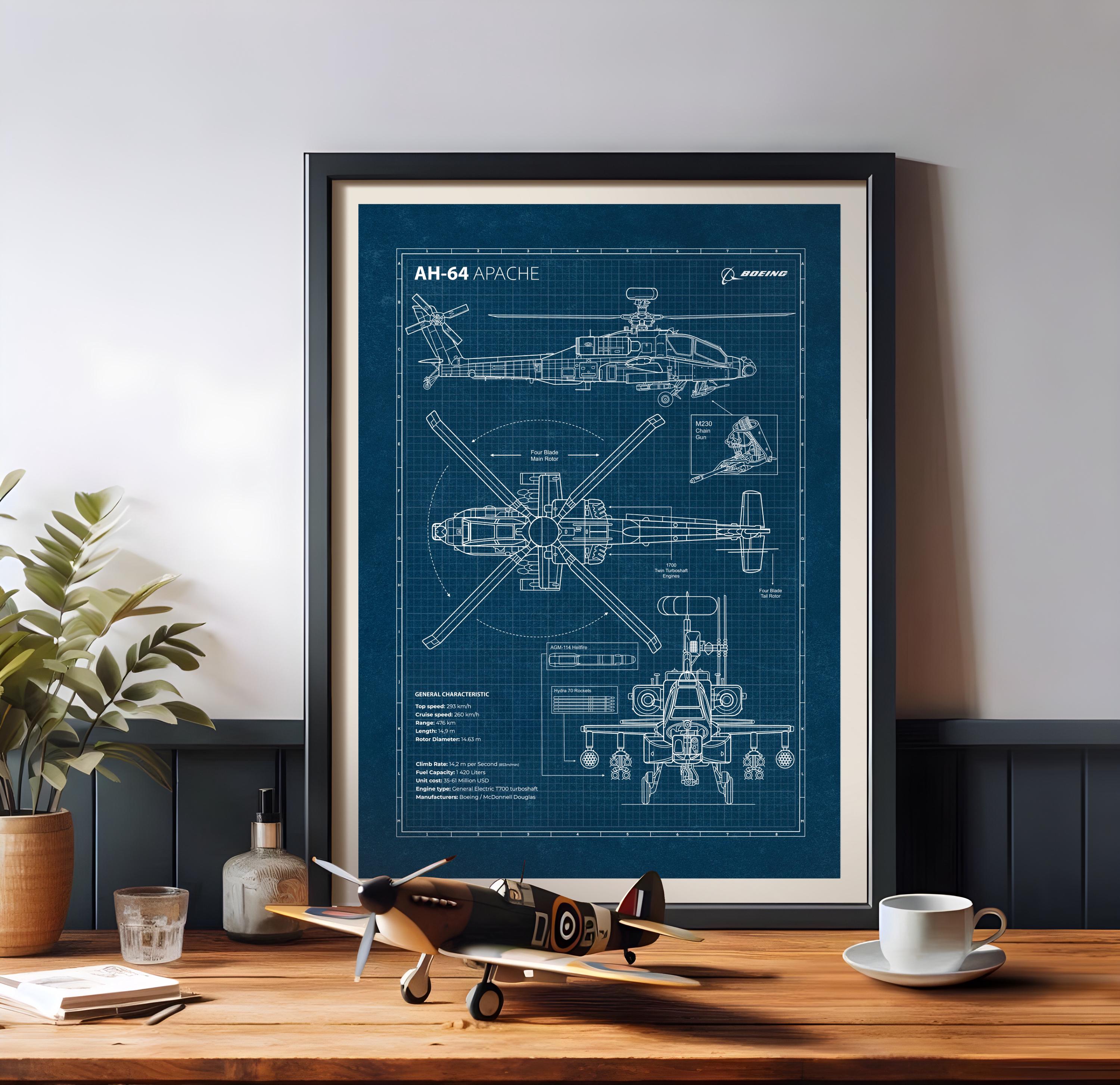 AH-64 Apache Blueprint Poster | Military Helicopter Wall Art