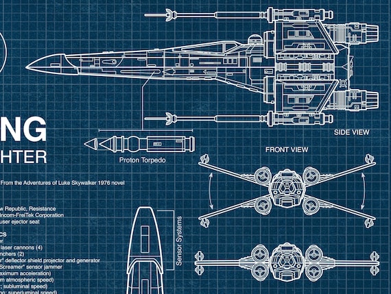 X-wing Fighter Blueprint Poster, Star Wars Print, Star Wars
