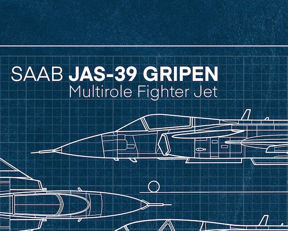 Saab JAS-39 Gripen Blueprint Poster, Military Aviation Art