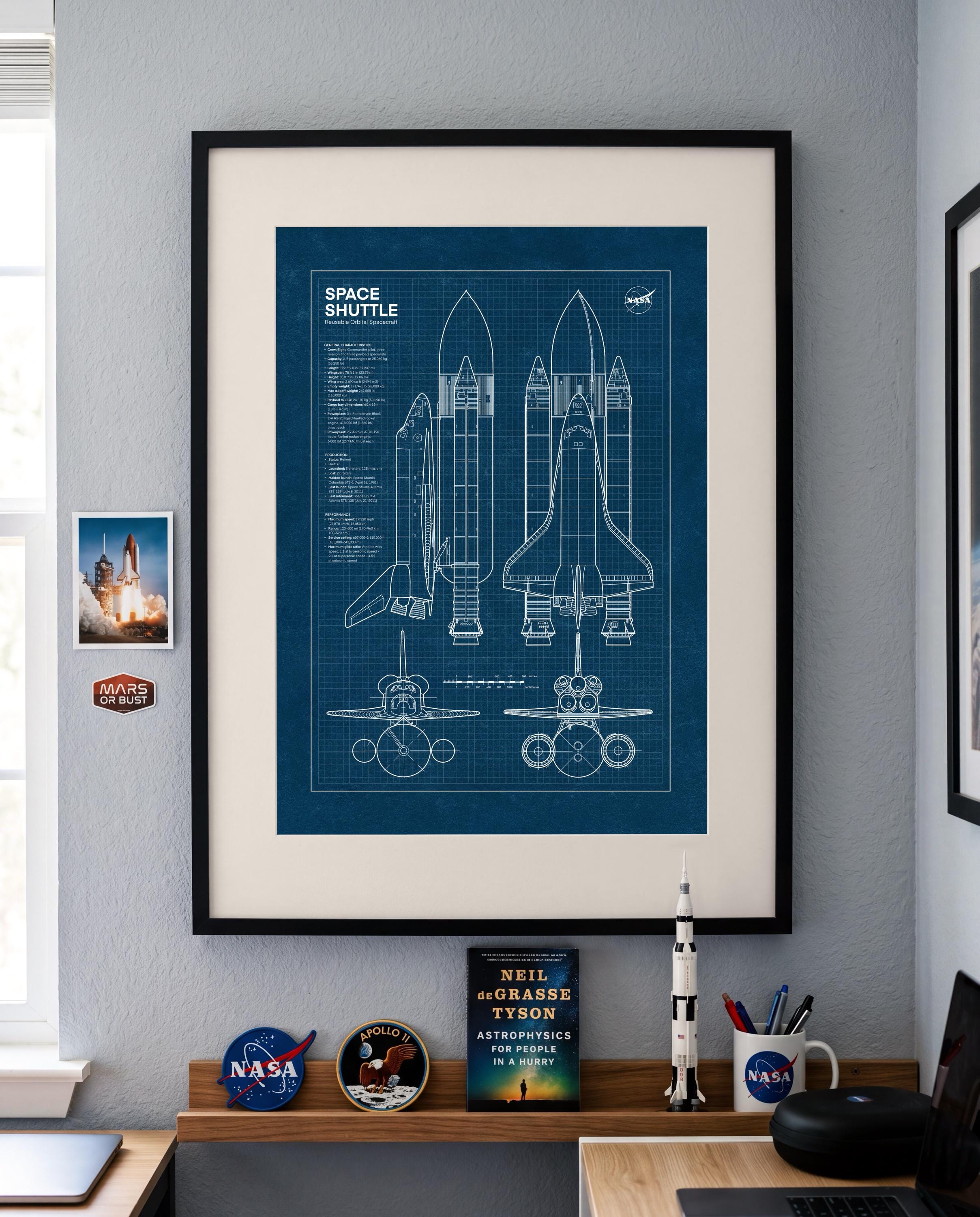 スペースシャトル設計図ポスター：NASA宇宙船プリントアート、航空宇宙