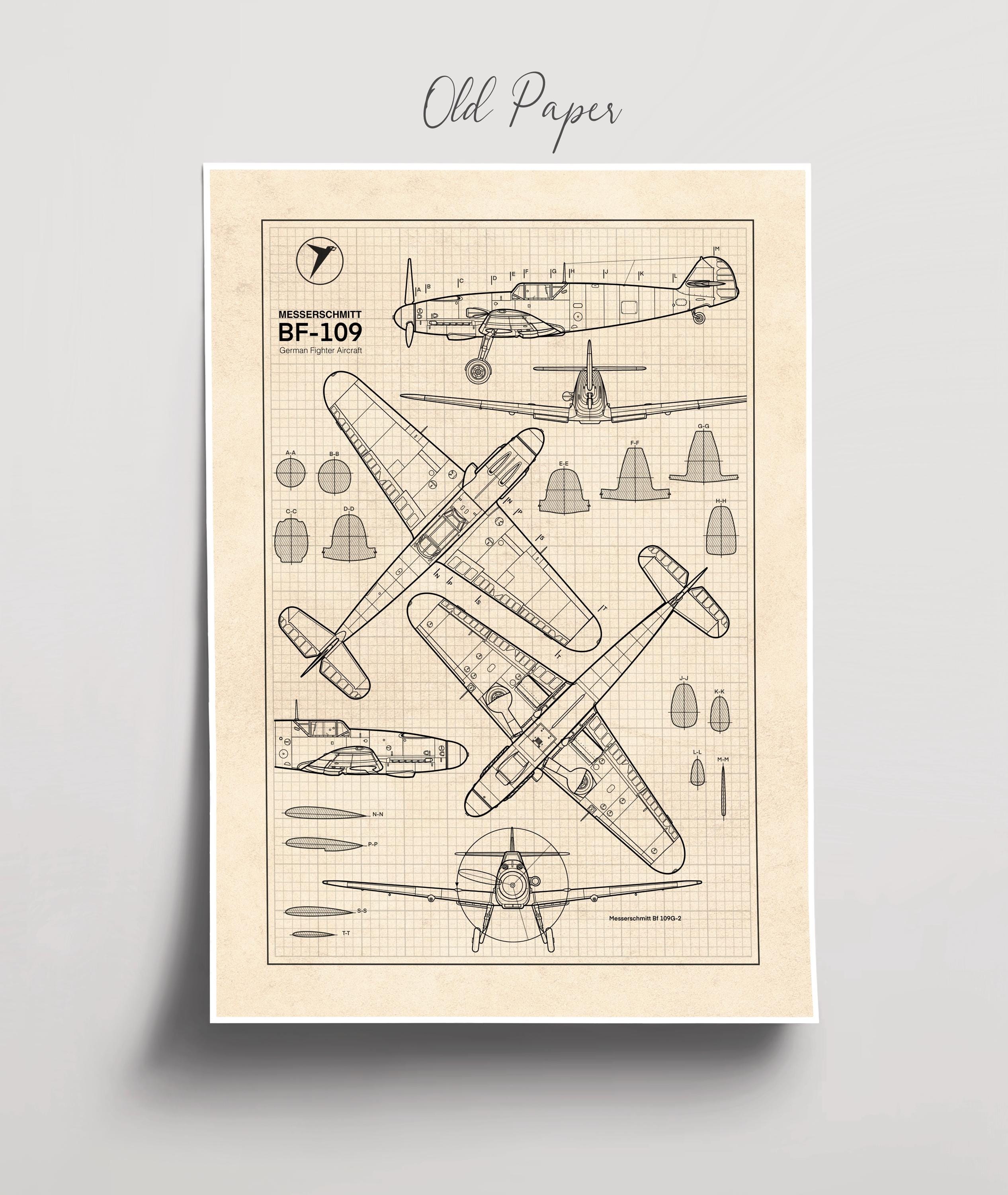 Messerschmitt BF-109 Blueprint Poster, WW2 German Aircraft
