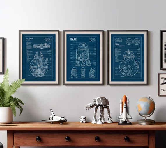 Star Wars Blueprint Poster Set: Millennium Falcon, R2-D2, BB-8