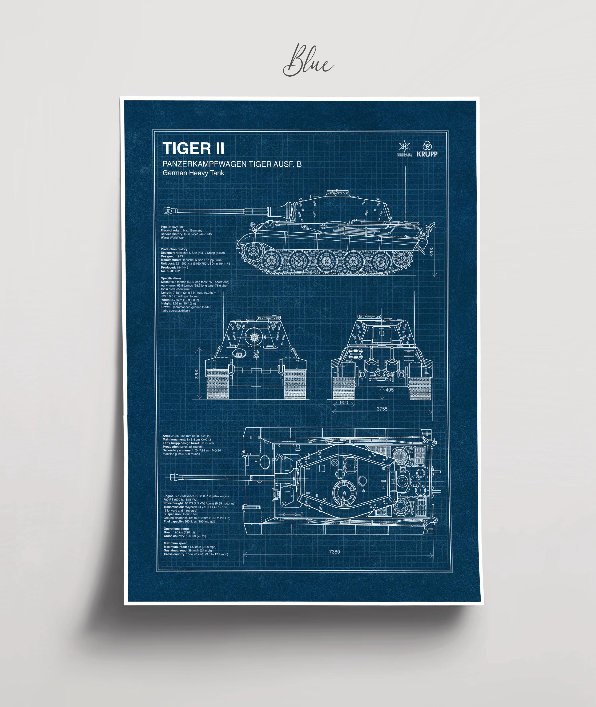King Tiger Tank Blueprint Poster, WWII German Military Decor