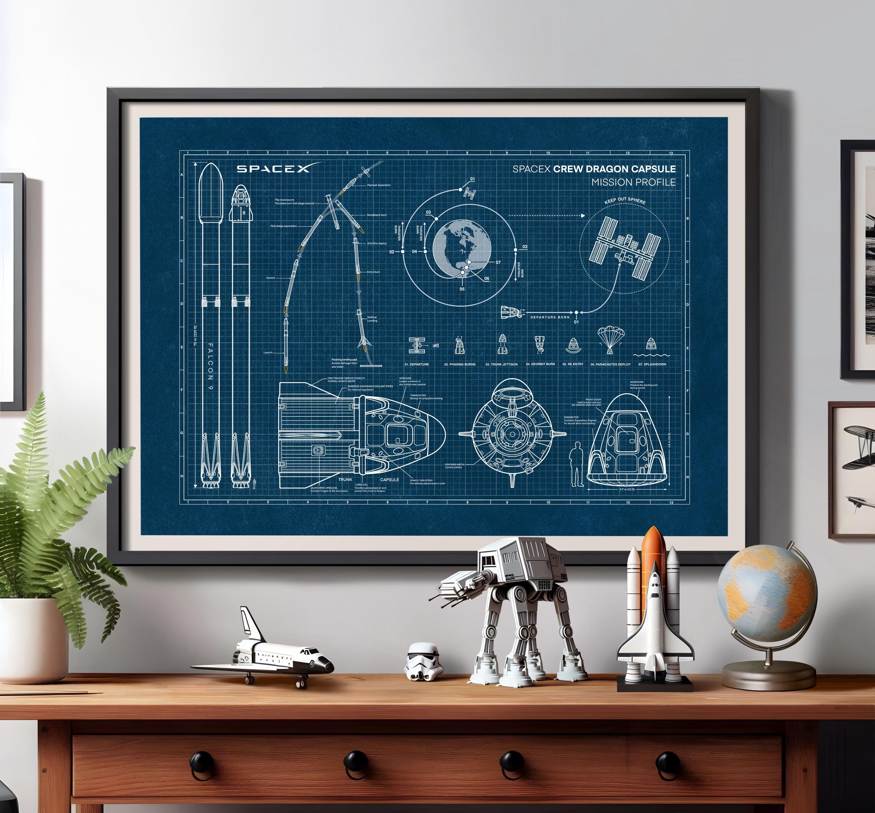 Spacex Crew Dragon Blueprint Poster, Space Theme Gift, Aerospace
