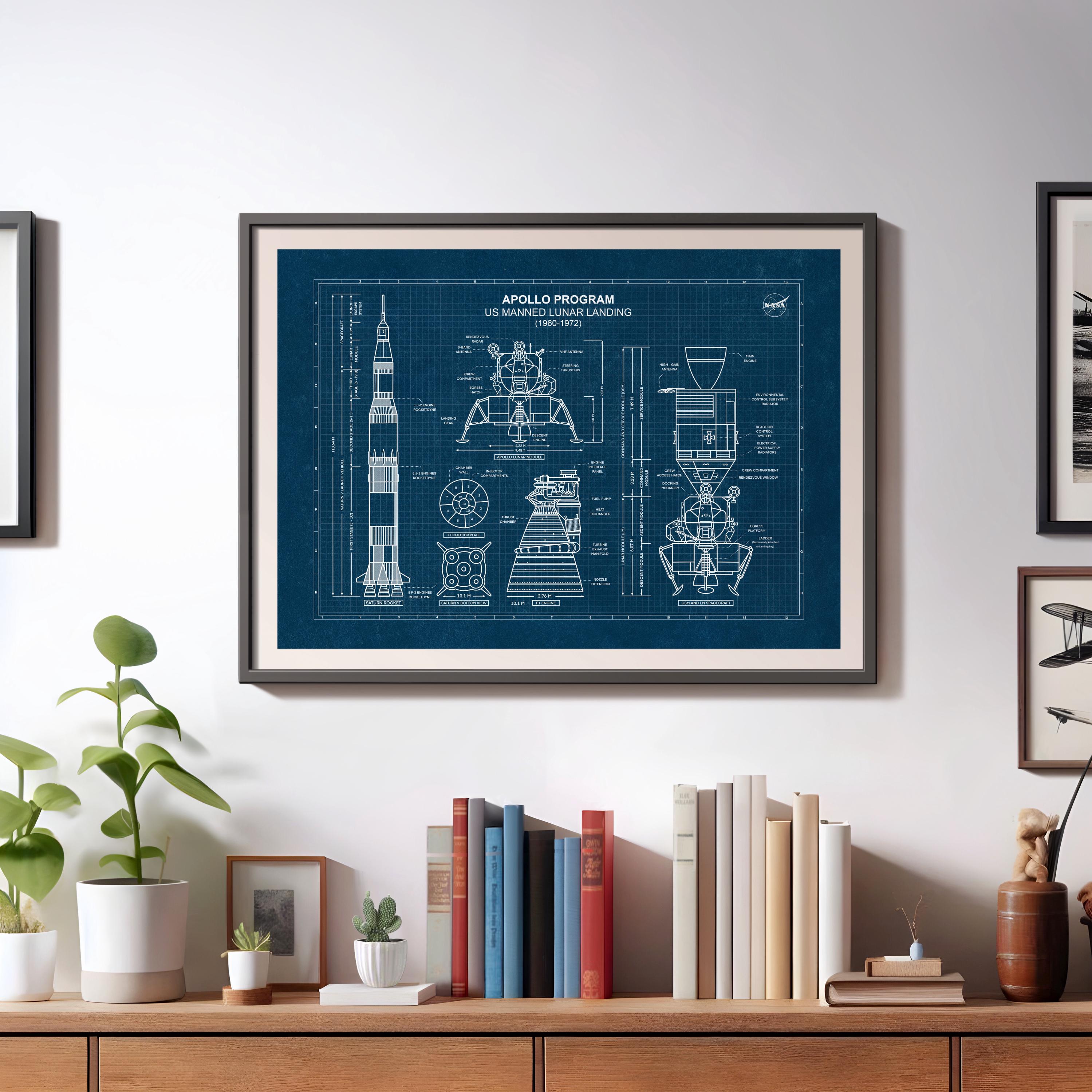 アポロ11号の設計図ポスター：サターンVロケット、NASAの壁画、月着陸