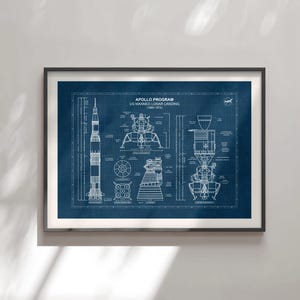 K&ouml;nnte beinhalten: Gerahmter Kunstdruck mit einem Bauplan des Apollo-Programms US Manned Lunar Landing (1960-1972). Der Druck zeigt detaillierte technische Zeichnungen der Saturn V-Rakete und der Mondlandef&auml;hre auf dunkelblauem Hintergrund. Der Druck ist in einem schwarzen Rahmen.