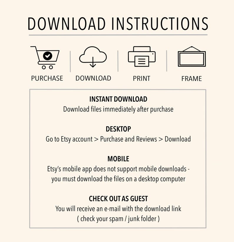 K&ouml;nnte beinhalten: Grafik mit Download-Anweisungen mit dem Titel "DOWNLOAD INSTRUCTIONS". Die Grafik enth&auml;lt Symbole f&uuml;r Kauf, Download, Druck und Rahmen sowie detaillierte Schritte f&uuml;r Sofort-Downloads, Desktop, Mobilger&auml;te und Gast-Checkout.