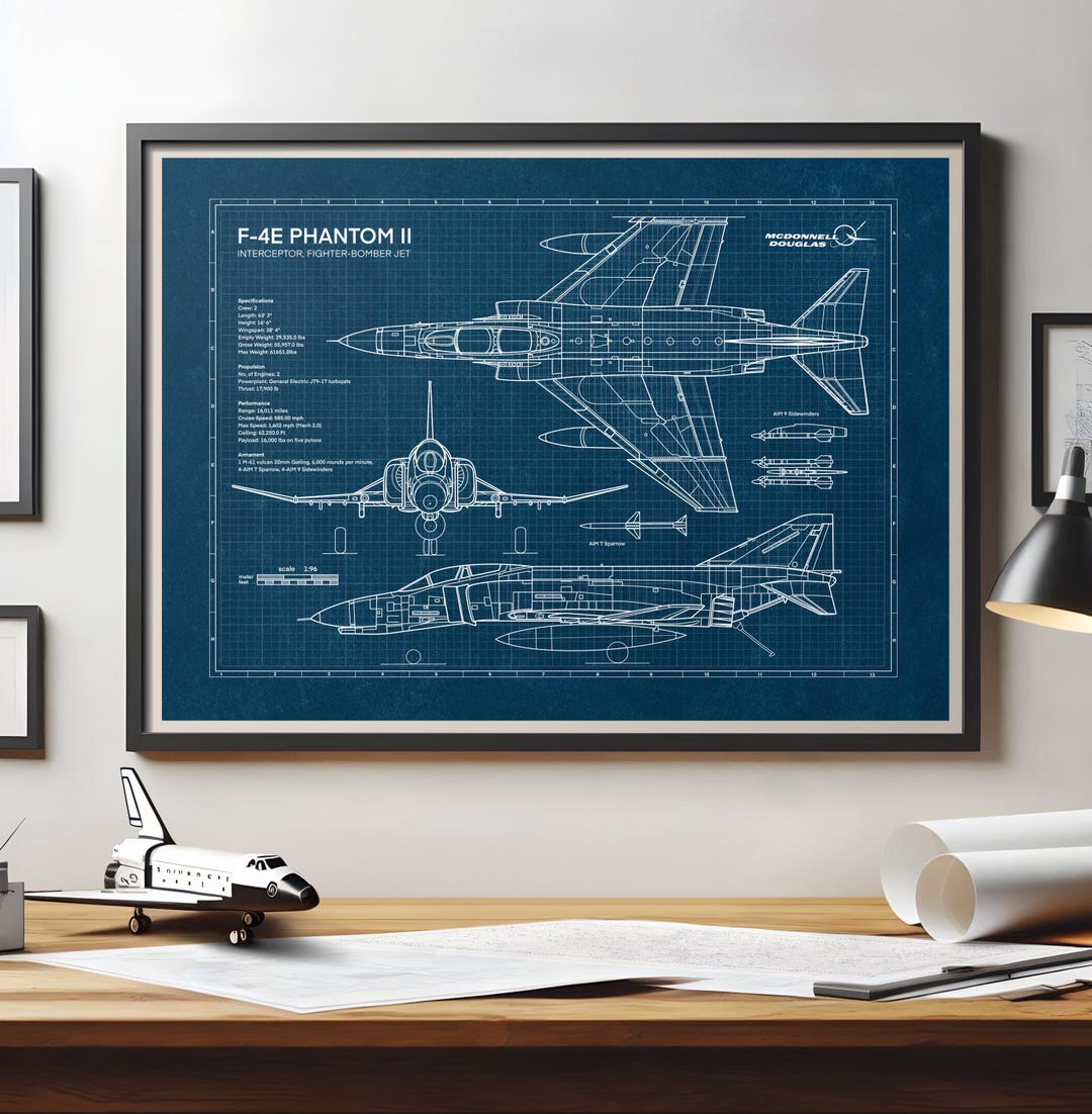 F-4 ファントム II 設計図アート：ミリタリー航空プリント（デジタル