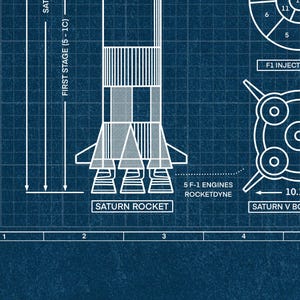 K&ouml;nnte beinhalten: Eine Blaupause der Saturn-Rakete mit detaillierten Zeichnungen und Beschriftungen. Die Darstellung in Wei&szlig; auf einem dunkelblauen Raster zeigt die Raketenstufen, die Anordnung der Triebwerke und die Abmessungen.