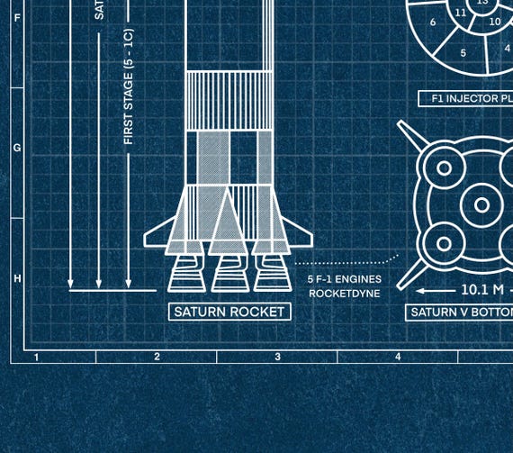 Apollo 11 Blueprint Poster: Saturn V Rocket, NASA Wall Art, Lunar