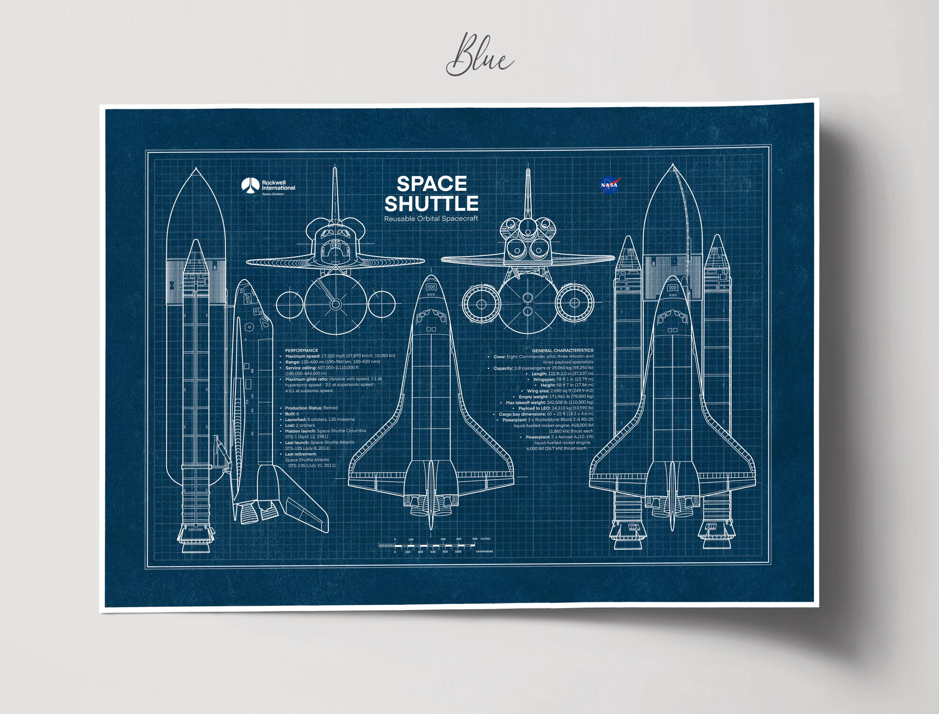 スペースシャトルの設計図ポスター：NASAの宇宙船アート、航空宇宙