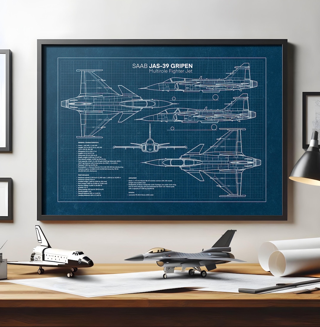 サーブ JAS-39 グリペンの設計図ポスター、ミリタリー航空アート、航空
