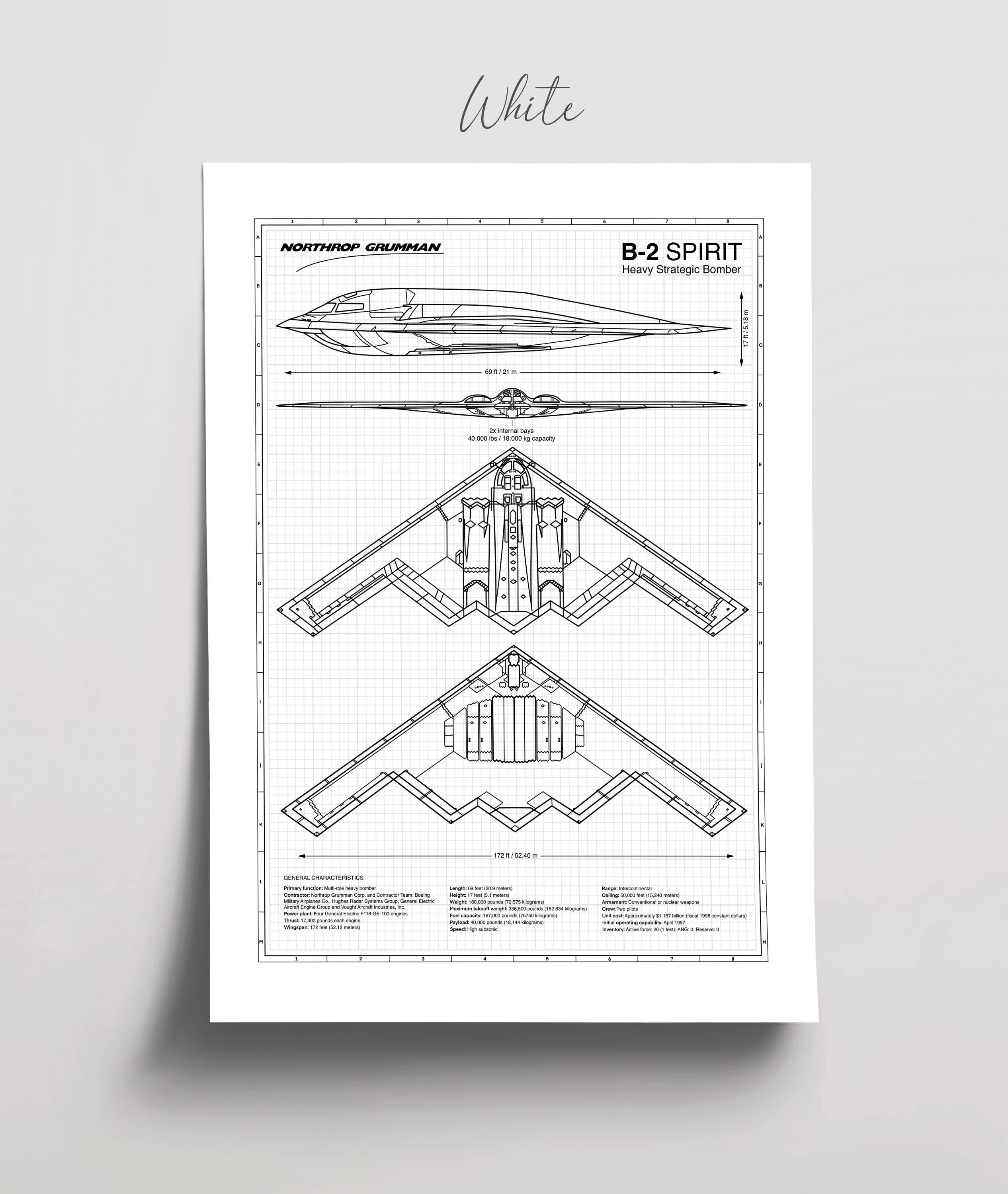B-2スピリット爆撃機の設計図ポスター、軍用航空機ウォールアート