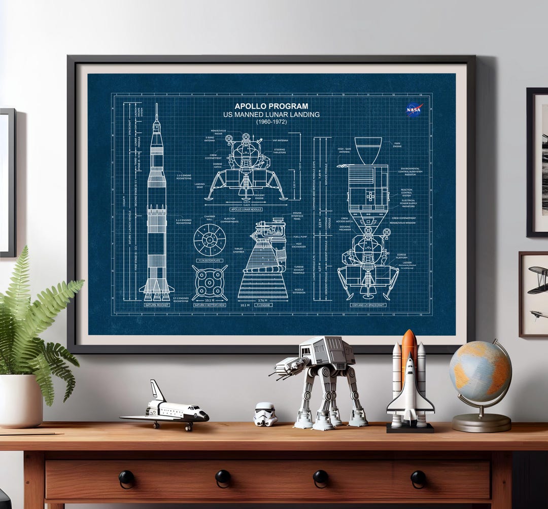 Apollo 11 Blueprint Poster: Saturn V Rocket, NASA Wall Art, Lunar ...