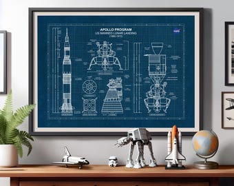 Apollo 11 Blueprint Poster, Saturn V Rocket, Moon Landing NASA Wall Art, Aerospace Gift,  Space Theme Print, Gift for technology enthusiasts