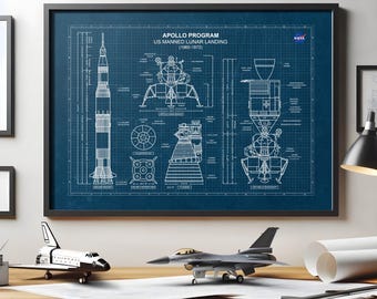 アポロ11号の設計図ポスター：サターンVロケット、NASAの壁画、月着陸