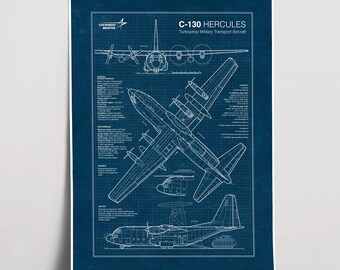 C-130 Hercules Blueprint Poster, Aviation Wall Art, Aircraft Print