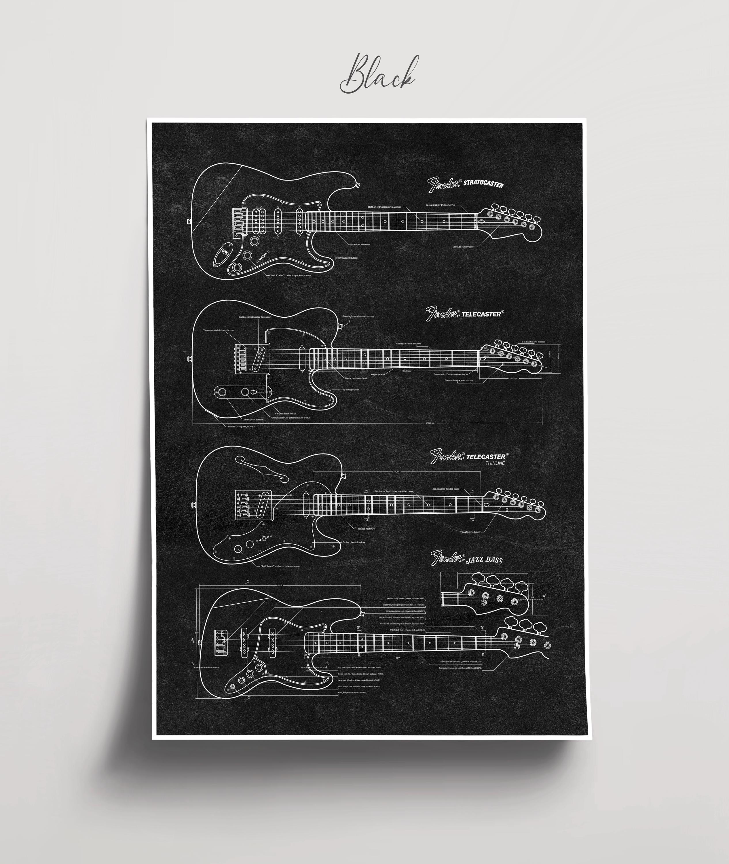 FENDER - Guitarra Diagrama Póster - 24x36 Shrink Envuelto