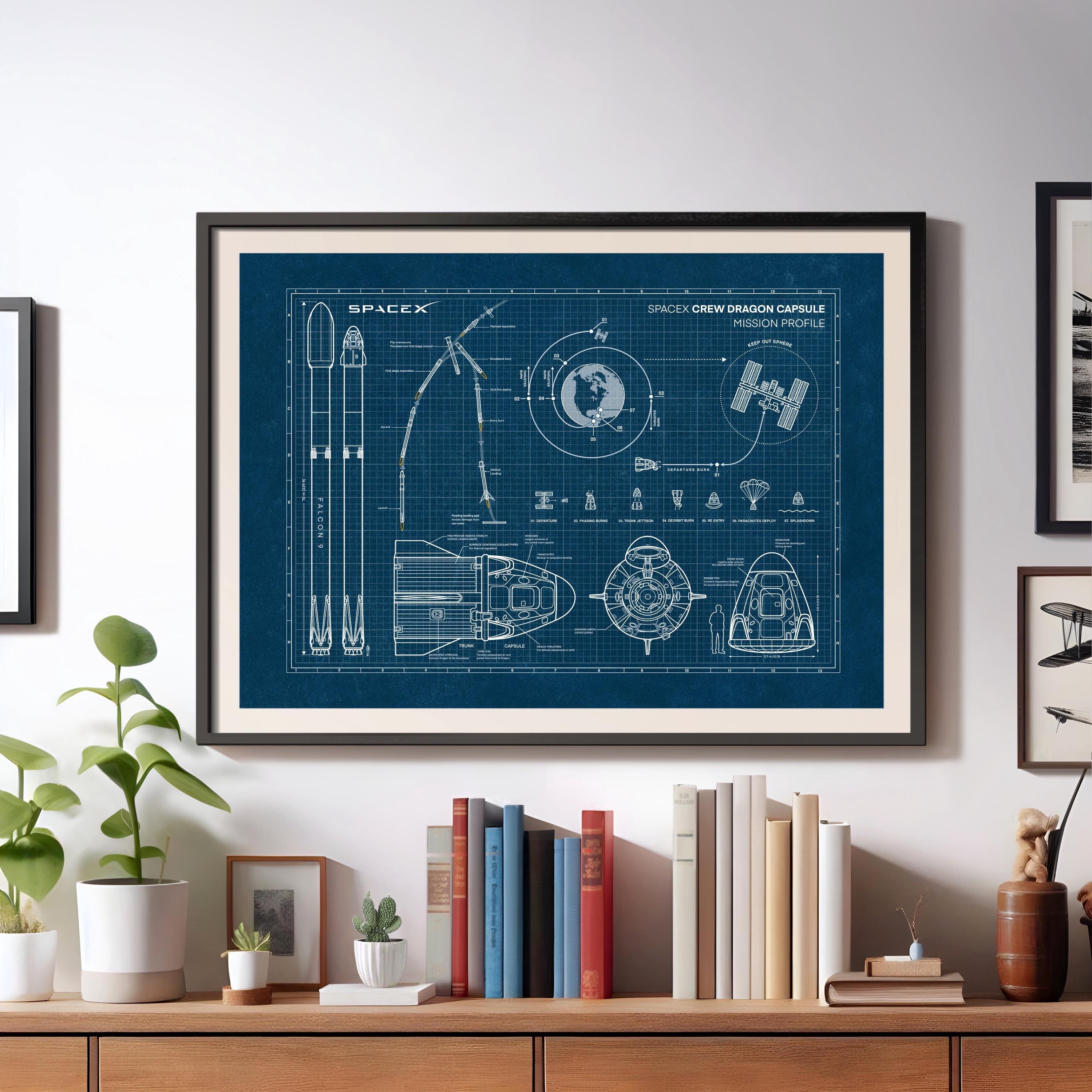 Spacex Crew Dragon Capsule, Blueprint, Spacex Poster, Falcon Rocket, Space theme gift, NASA, Space Rocket, ISS, Spacex Gift, Astronomy Gift