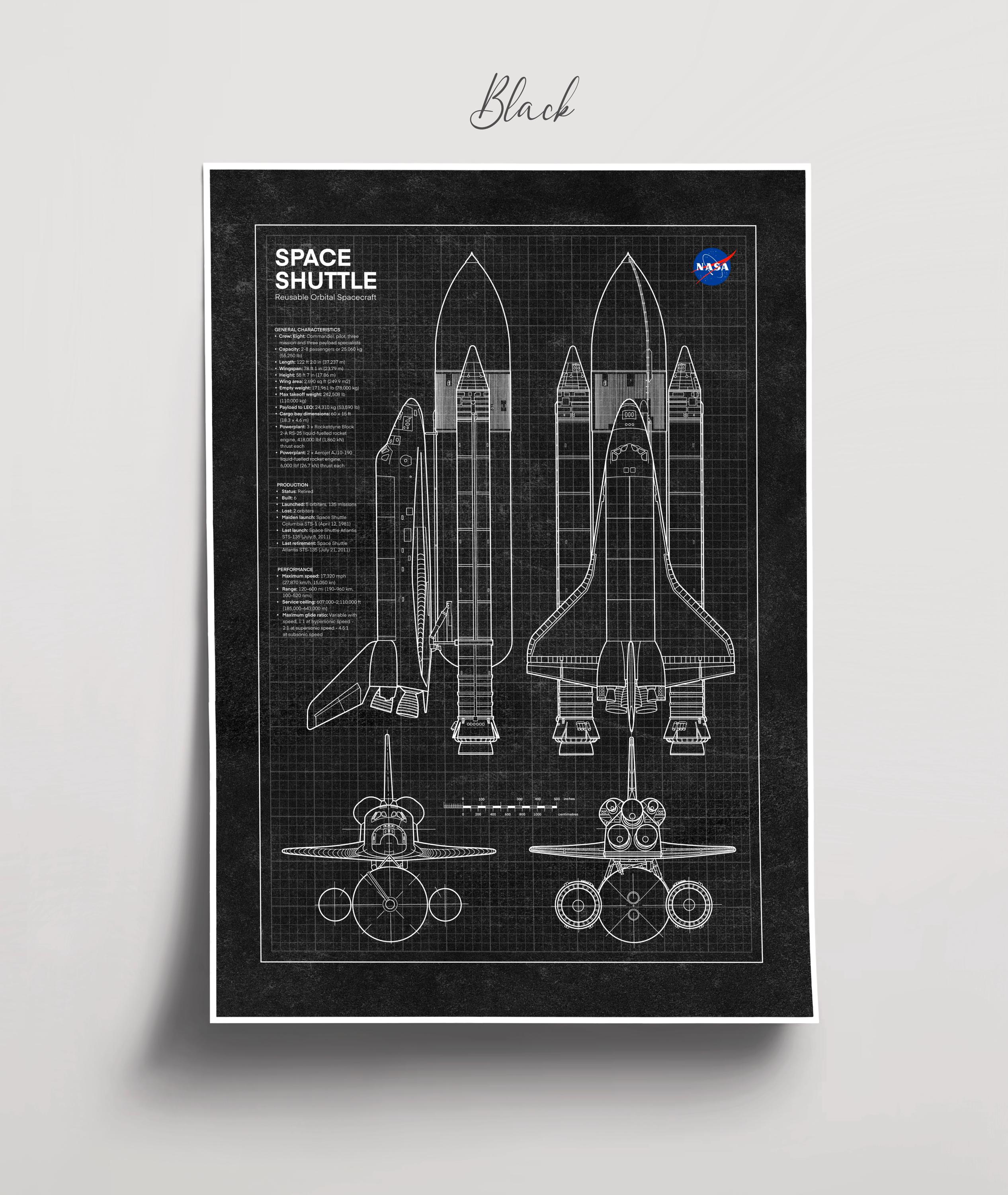 スペースシャトルの設計図ポスター：NASAの宇宙船アート、航空宇宙