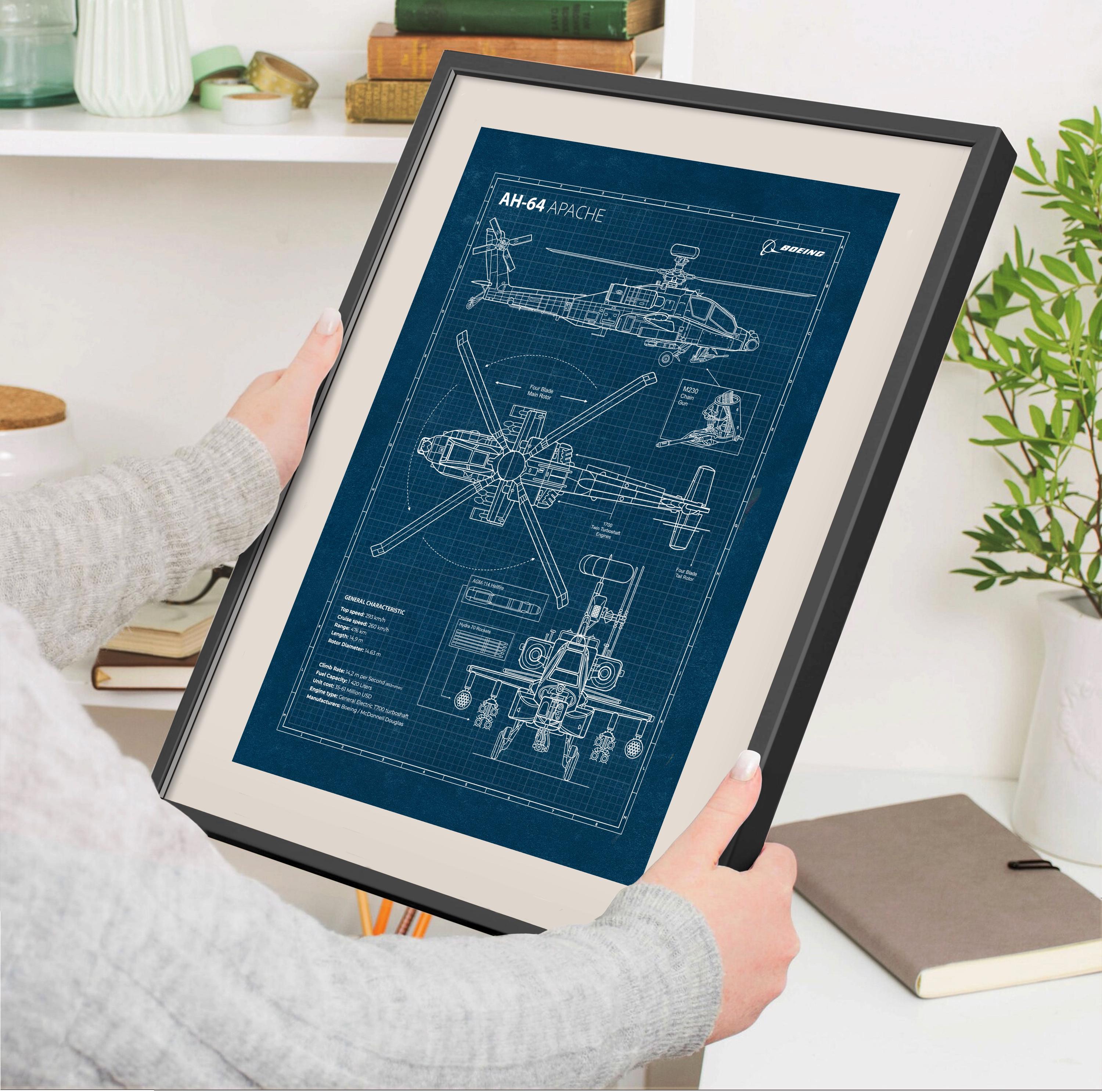 AH-64 Apache Blueprint Poster: Military Aviation Art (digital