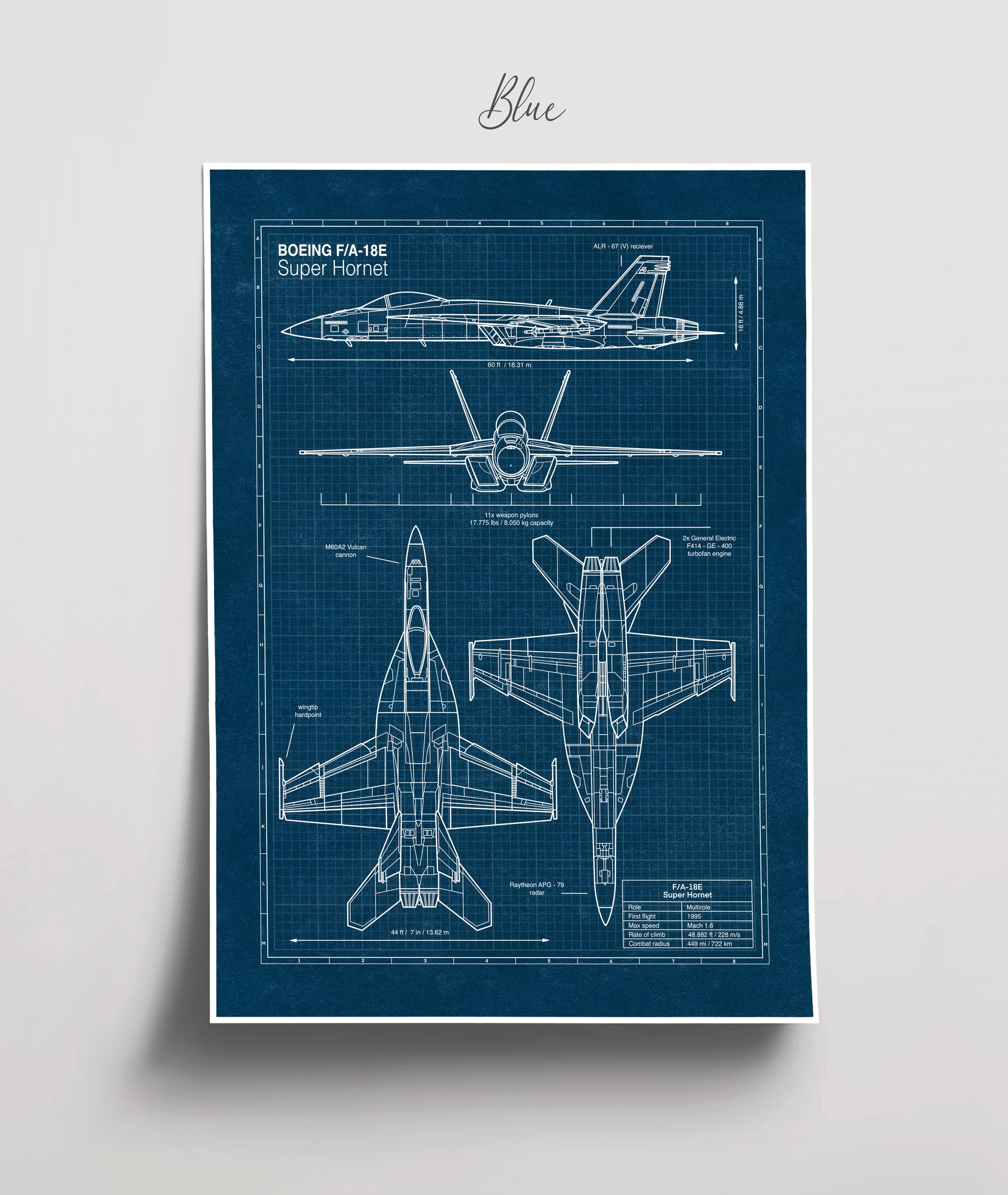 F/A-18E スーパーホーネットの設計図ポスター：航空ウォールアート