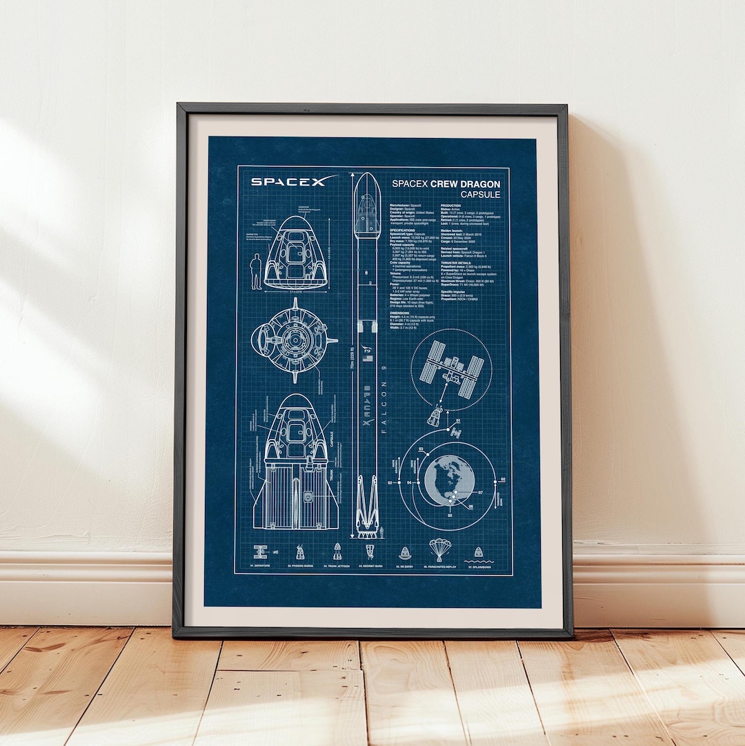 Spacex Crew Dragon Blueprint Poster, Space Theme Wall Art
