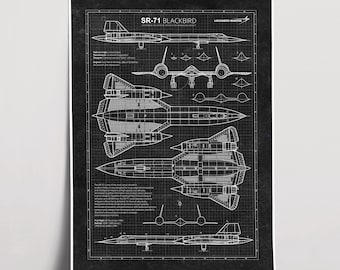 SR-71 ブラックバードの設計図ポスター、航空壁アート、ミリタリー装飾
