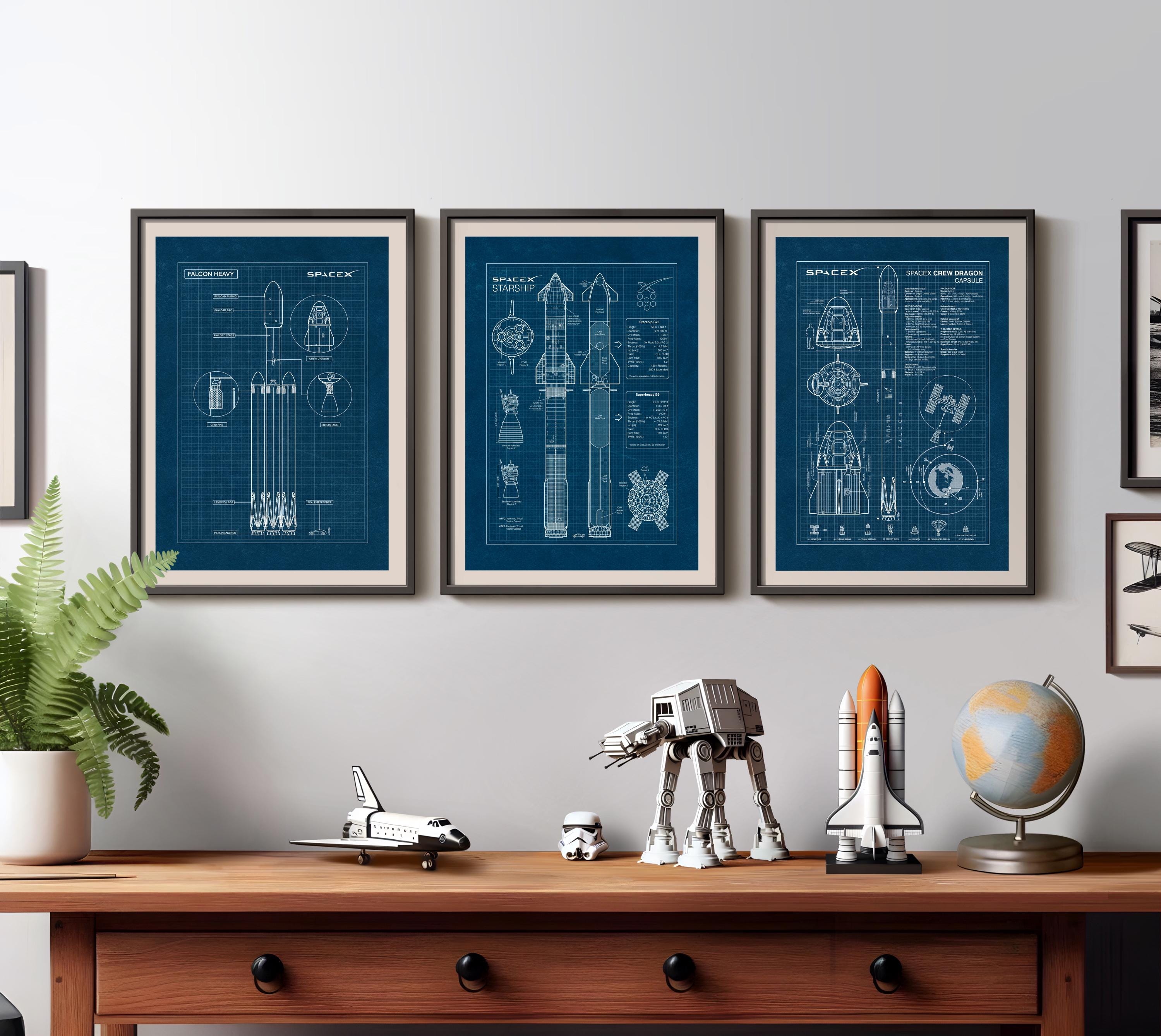 Spacex Blueprint Poster Set: Falcon Heavy, Starship, Crew Dragon
